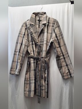 Renuar Plaid Belted Trench in Cream, Black and Tan
